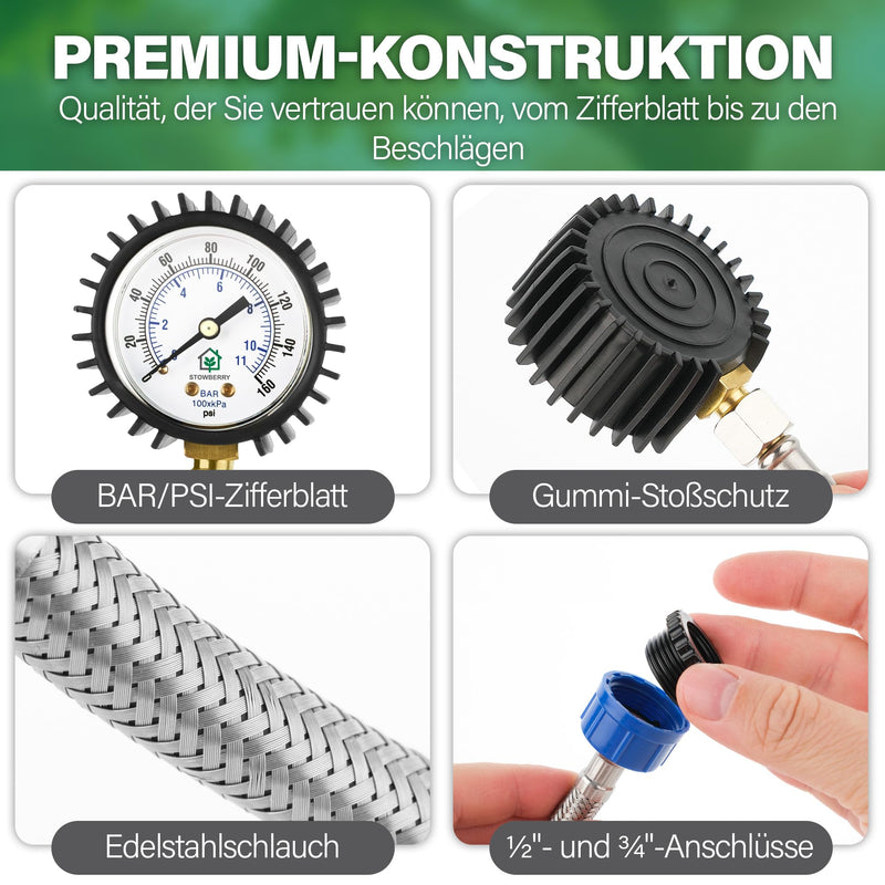 Mesh Water Pressure Gauge - 0-11 Bar / 0-160 PSI | Water inlet pressure gauge with hose tap connection - hydraulic tool for the