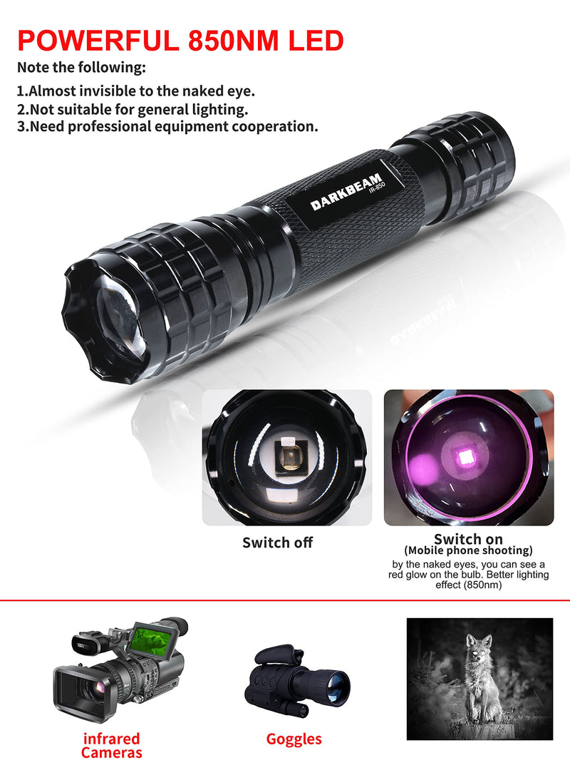 DARKBEAM ir Flashlight Infrared 850nm Lights LED Mini for Night Vision, Rechargeable Portable Tactical ir Illuminator Torch, Focus Adjustable for Hunting, Observation, Search 501F Infrared 850nm Light