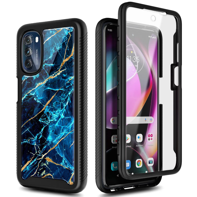 NZND Case for Motorola Moto G 5G (2022) with [Built-in Screen Protector], Full-Body Protective Shockproof Rugged Bumper Cover, Impact Resist Phone Case (Marble Design Sapphire) Marble Design Sapphire