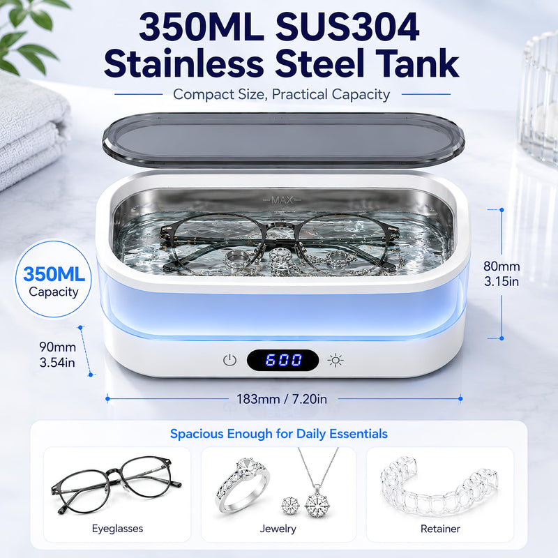 Ultrasonic Jewelry Cleaner Machine, 48kHz Cleaner for Jewelry, Glasses, Rings, Watch Bands, Dentures and Retainers, 350ML SUS304 Tank, Digital Countdown, Auto Shut-Off, 7-Color LED Light White