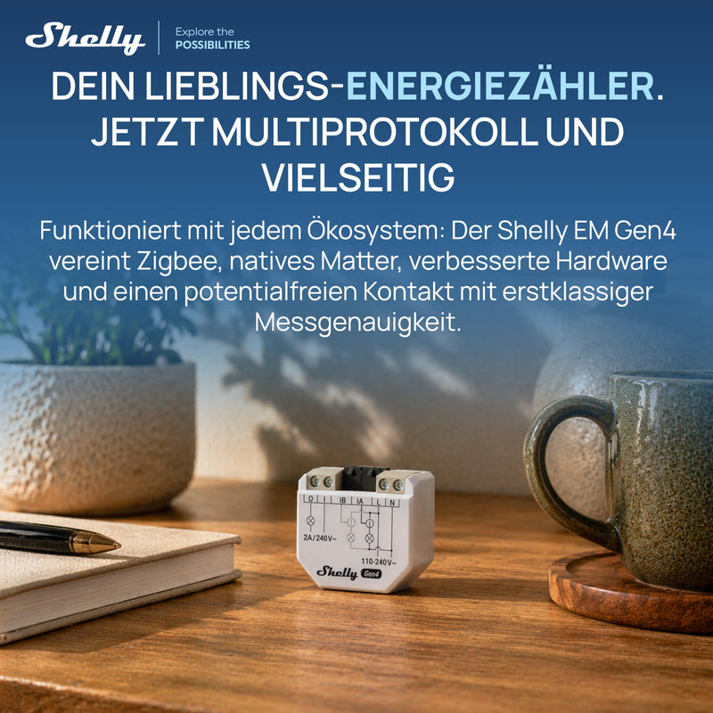 Shelly EM Gen4 WLAN Smart Energy Monitor, Real-time Power Consumption Measurement, 2-Channel Single-Phase, 50A Current Transformer Included, Contactor Control, Matter Compatible, No Hub Required