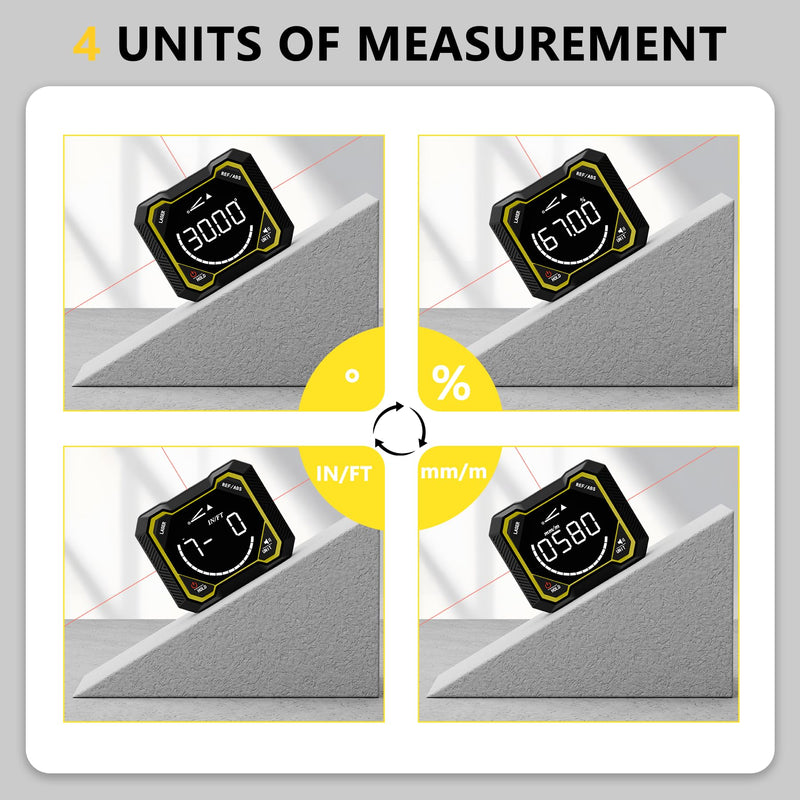 Digital Angle Finder with Laser, Magnetic Inclinometer, USB Rechargeable | 4x90° angle measurement with backlit LCD, auto-rotating display and magnetic base for woodworking, construction and DIY.