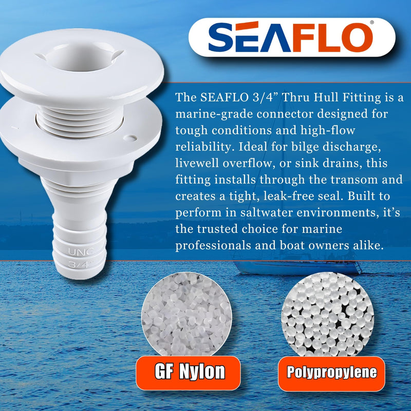 SEAFLO Thru Hull Fitting, Marine Boat, Plastic Drain Overflow Connector, Corrosion Resistant Saltwater Safe, Bilge Port Deck Outlet,(⅝,¾,1,1⅛,1¼,1½, & 2" Options)(1,2,5, &10 Packs)(White/Black) ¾” White 5