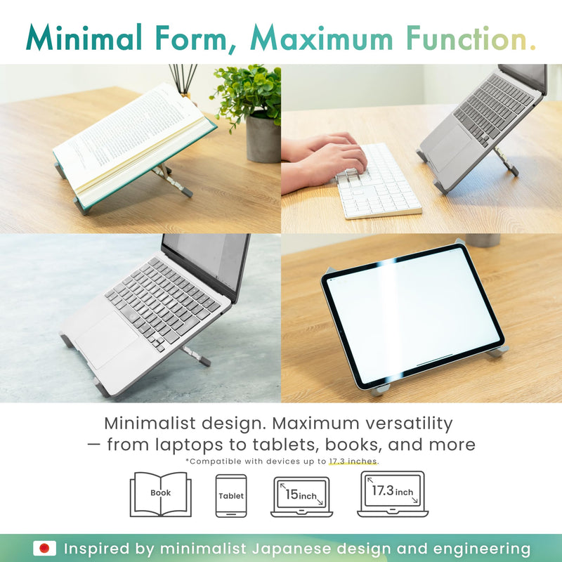 BELLEMOND | Adjustable Laptop Stand – Lightweight Aluminum Riser with 5 Height Levels | Foldable, Ventilated X-Frame Design | Designed in Japan | Fits Laptops & Tablets up to 17.3” | Space Silver