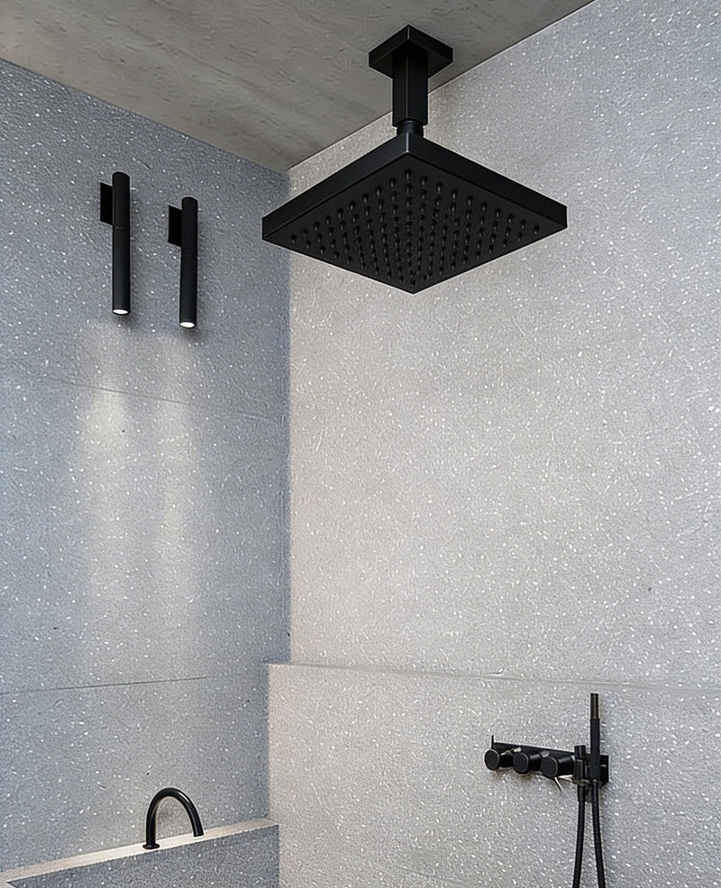 Square Shower Arm and Anti-Scratch O-Ring Flange, 3 inch, Solid Brass, Both Soldered 1/2 NPT Tapered Threads, Straight Rainfall Shower Head Arm Extension, Ceiling Mount (Matte Black) Matte Black