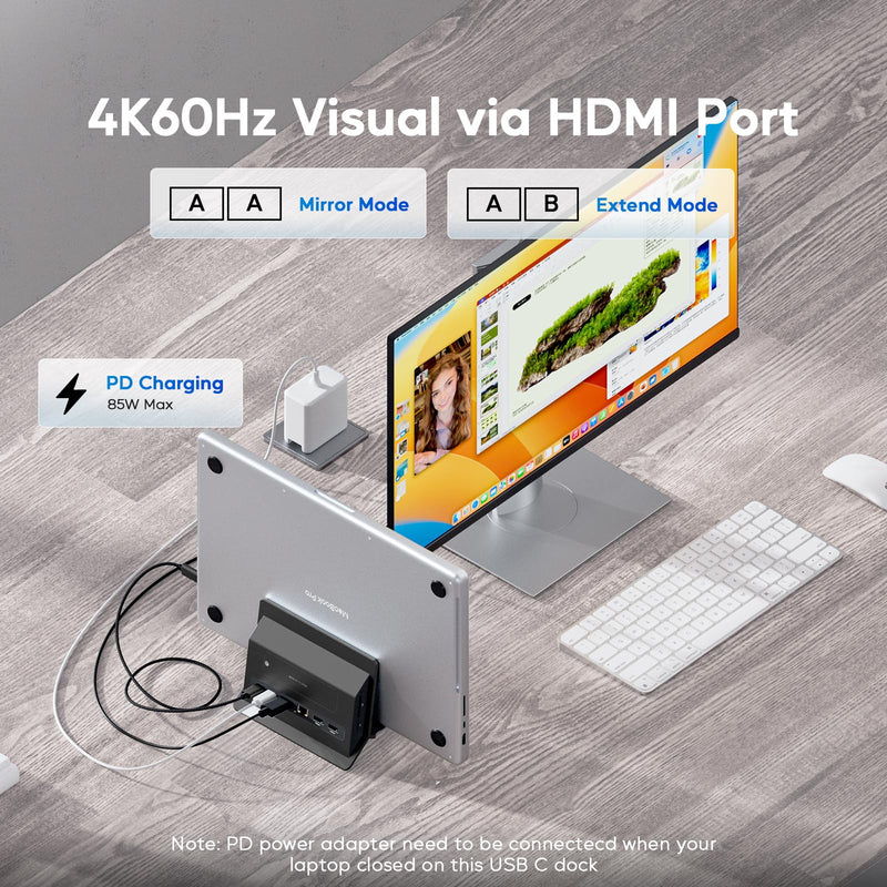 Vertical MacBook Docking Station, PULWTOP Docking Station for Mac mini with M.2 NVMe case for MacBook Pro/Air, 4K@60Hz HDMI, 2USB C 10Gbps, SD/TF, 100W PD, RJ45, 2 USB A for Windows Black