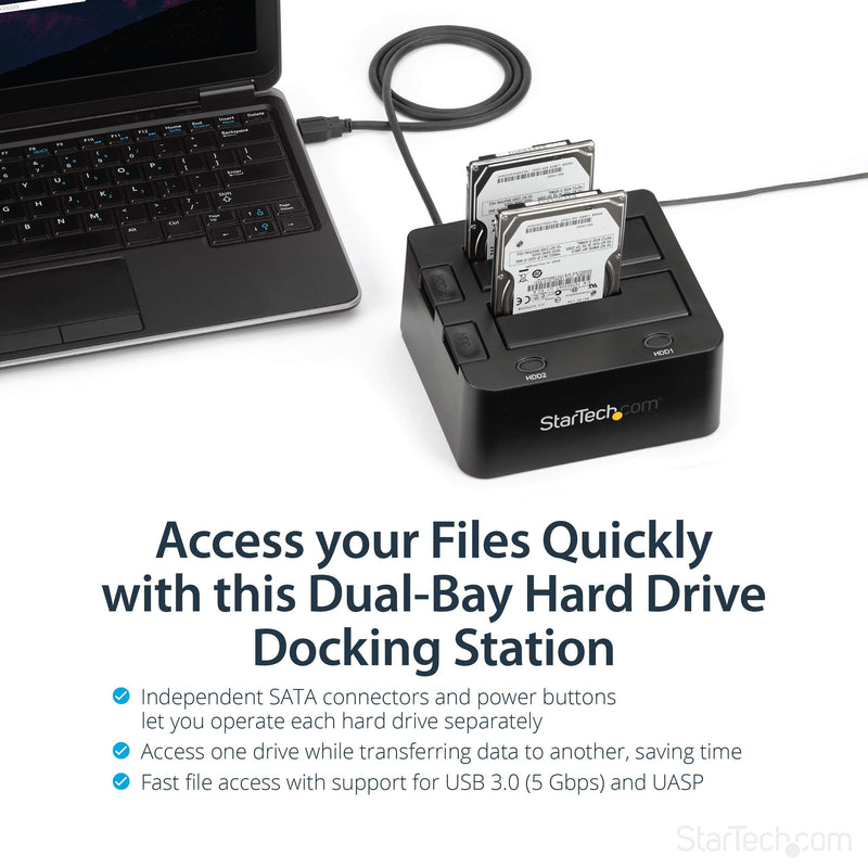 StarTech.com Dual-Bay USB 3.0 To SATA Hard Drive Docking Station, USB Hard Drive Dock, External 2.5/3.5" SATA I/II/III, SSD/HDD Docking Station, Hot-Swap Hard Drive Bay, Top-Loading (SDOCK2U33),Black