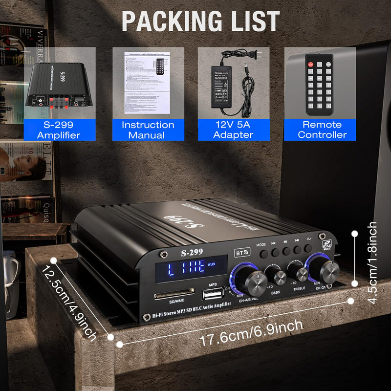 Facmogu S-299 4.1CH Bluetooth Power Amplifier with Active Subwoofer Output (NOT Passive Subwoofer), Max 800W RMS 40Wx4 Subwoofer Amplifier Hi-Fi Integrated Mini Speaker Amp Audio Sub Bass Amp