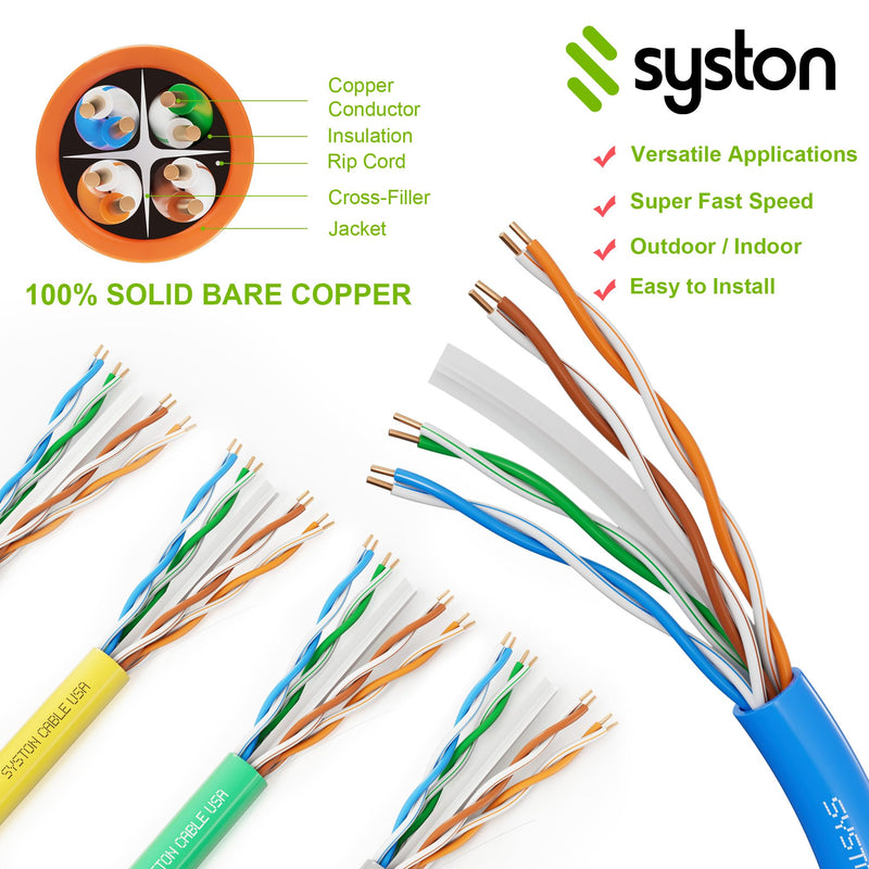 Syston Cable Technology Cat 6E Ethernet Network Cable - 100 FT，600MHz 23AWG Solid Bare Copper Wire Outdoor/Indoor, Bulk No Ends 10 Ft to 1000 Ft Available, Heat Resistant Riser Rated - CMR 100FT Blue
