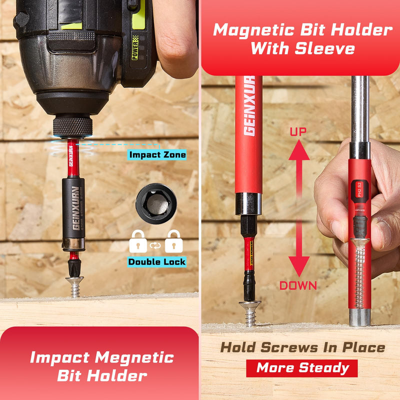 Geinxurn 100Pieces 1”/2” Impact Screwdriver Bits Set, Magnetic S2 Steel (Phillips/Slotted/Square/Torx/Hex/Security Torx) Driver Bits Tips,Impact Bit Holder and Nut Driver with Red Storage Box Case 1"/2"-100PCS Multi-bit 100