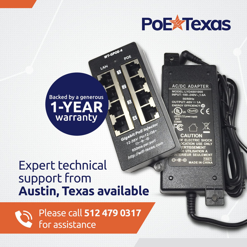 PoE Texas 4 Port PoE Injector - Gigabit Passive Power Over Ethernet with 48V 48W UL Power Supply - 802.3af PoE Injector for VoiP Phones, WiFi Access Points, IP Cameras - Add PoE to Any Switch