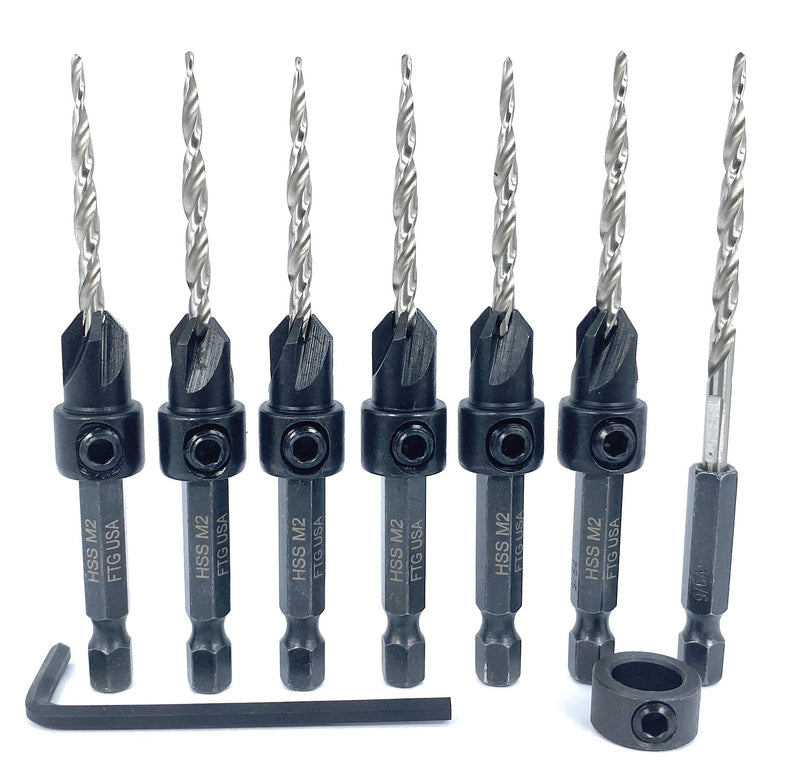 FTG USA Tapered Countersink Drill Bit Set 6 Pc #6 (9/64") Countersink Bit Same Size, 1 Tapered Drill Bit Replacement, Wood Countersink Drill Bits #6 (9/64") 6 Bits w/cutter + 1 Bit w/o cutter