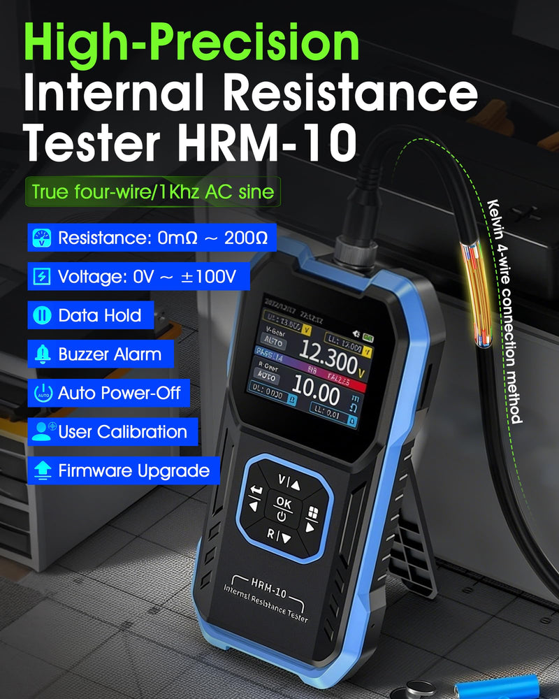 HRM-10 Battery Internal Resistance Tester, 4-Wire Car Battery Analyzer & Voltmeter, 0-100V 0-200Ω, with Sorting Mode, Auto/Manual Range for Car, Li-ion, Lead Acid
