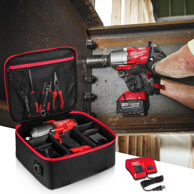 Impact Wrench Case Compatible with Milwaukee 2967-20/ Dewalt DCF900B/DCF891B/DCF961B/DCF899B Impact Wrench Kit,Tool Bag Compatible with Milwaukee Impact Battery and Charger,Bag Only Black red
