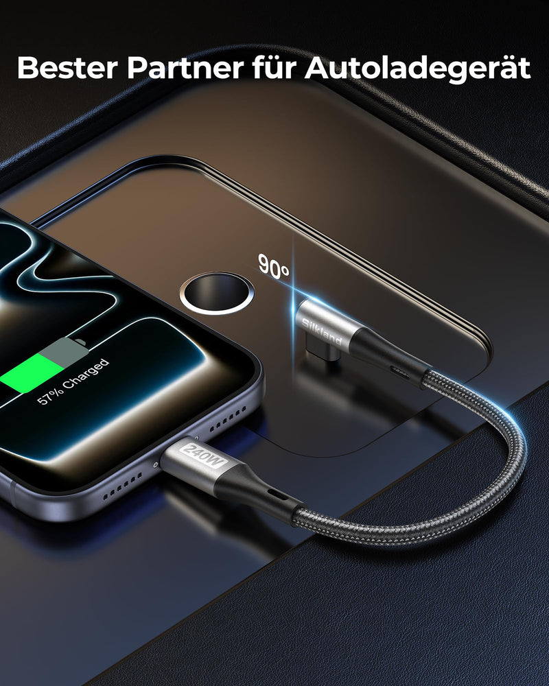 Silkland USB-C to USB-C Cable Short 15 cm Angle 240 W 48 V/5 A, PD3.1 & QC4.0+ | Charging cable 90 degrees 0.15M for iPhone 17 16 15/Pro Max, Galaxy S26 Ultra S25 S23 S22 S21, MacBook Pro/Air, iPad Pro/Mini, Pixel 0.15M