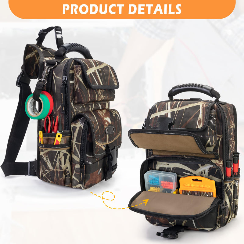 Electrician Tool Pouch Bag, Zippered HVAC Tool Organizer with Ergonomic Handle and Shoulder Strap for Maintenance Repair Technicians, Camouflage (Patent Pending)