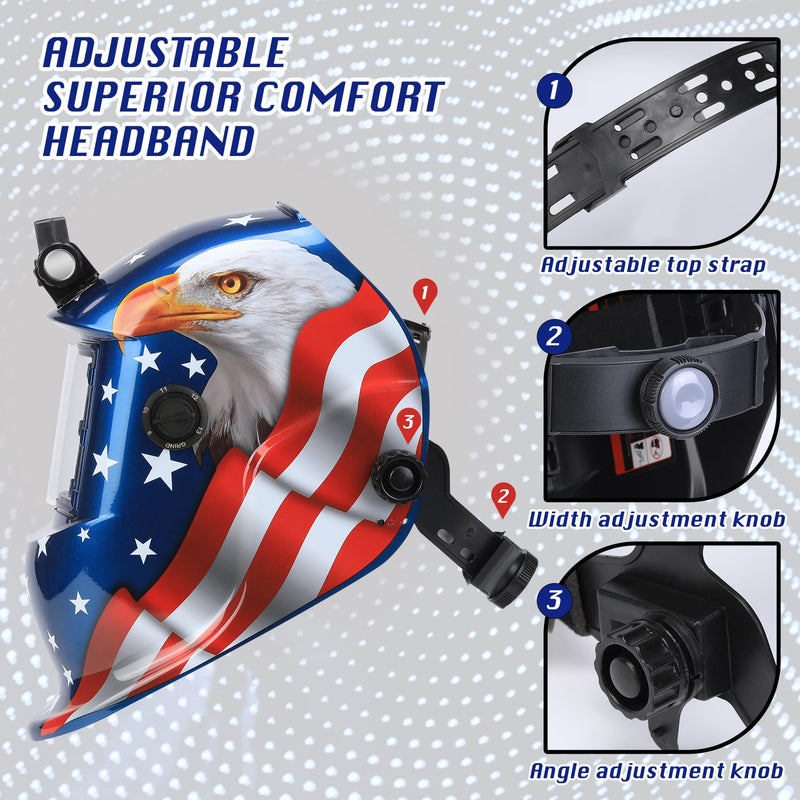 WR01A Welding Helmet Auto Darkening with LED Light True Color Solar Powered Welder Hood with Adjustable Shade Range 4/9-13 for Mig Tig Arc Welding Mask (Blue Eagle II) Blue Eagle II