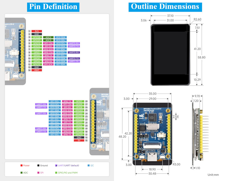 RP2350 2inch Capacitive Touch Display Development Board, Onboard 240x320 Pixels IPS LCD 262K Color 16MB Flash, Tiny Size with Rich Interface Better Expandability, with OV5640 Camera Module