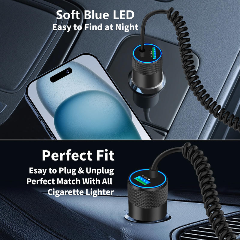 【MFi Certified】iPhone 15 Car Charger Fast Charging, Braveridge 75W USB-C PD&QC Car Power Cigarette Lighter USB Car Charger + 6FT Type-C Coiled Cable for iPhone 15 Pro/15 Pro Max, Galaxy S24/S23, Pixel Platinum Black(75W PD+QC3.0)