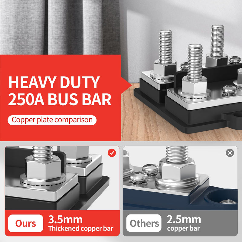 DualBus 250A Power Distribution Block 12V Dual Row Bus Bar 8 x 3/8" Terminal Studs, 6 x #8 Terminal Screws Positive and Negative Battery Bus Bar 250A Dual Bus 8 x 3/8" Studs, 6 x #8 Screws