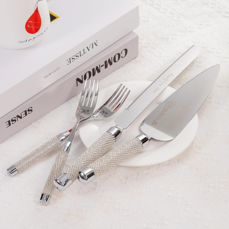 Silver Wedding Cake Knife and Server Set, Cake Cutter and Pie Server Set with Fork for Mr Mrs,Cake Cutting Set for Wedding Anniversary Engagement Birthday Silver