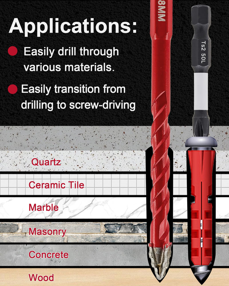 FOCSTOL Serrated Masonry Drill Bit Set 12pcs - High-Strength Eccentric Twist Drill Bit for Wood Plastic Masonry Ceramic Tile Concrete Marble 3/16''-1/2'' 3/16''-1/2'' 12