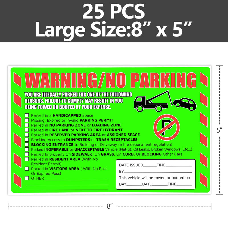 Parking Violation Stickers 25 Pcs Fluorescent Green You are Illegally Parked Multi Reasons Hard to Remove Tow Warning Private Parking Warning Sticker for Car Windows