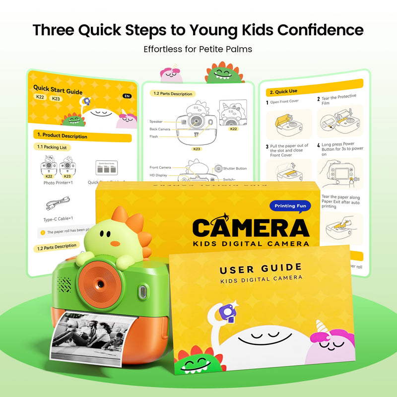 Dinosaur Camera for Kids, Kids Camera Instant Print, Bluetooth Kid Cameras Printer as Birthday Gifts for 2 to 11 Years Old Boys, Cameras for Kid with Sticker Paper, Dinosaur Toys for Toddlers