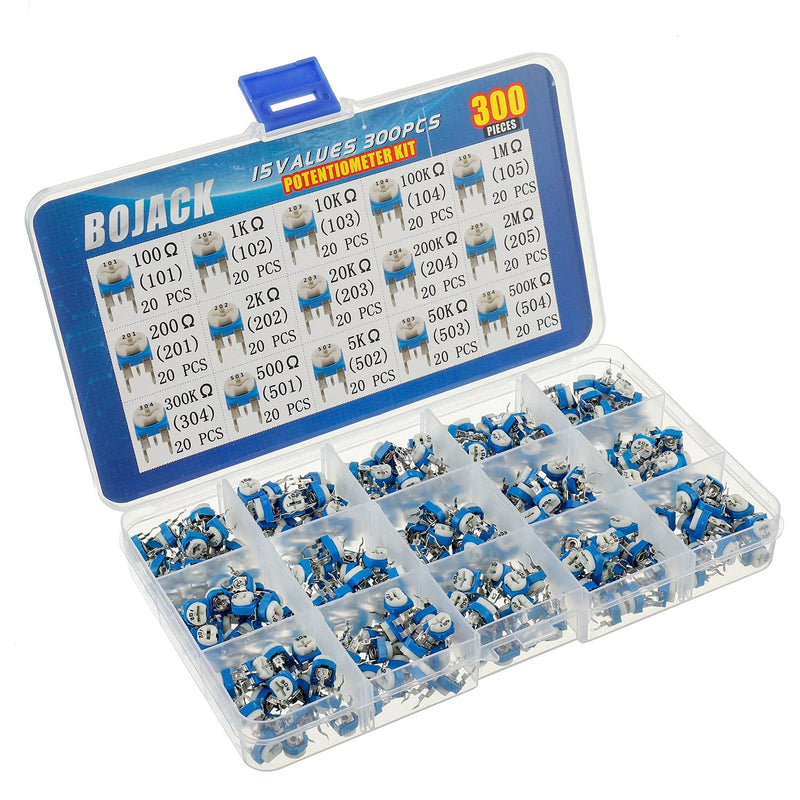 BOJACK 15 Values 300pcs 100 Ohm - 2M Ohm Variable Resistor 6mm Potentiometer Classification Suit package in a clear plastic box