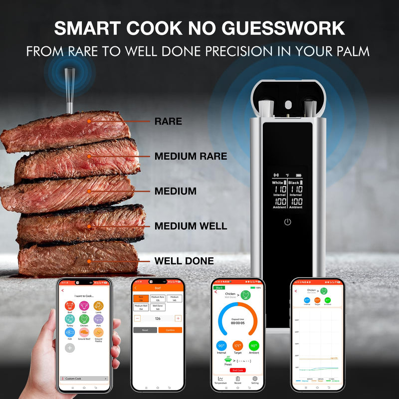 Digital Meat Thermometer Wireless - Smart BT Auto Pairing Food Temperature Thermometer with Dual Wireless Meat Probe for Grill & Oven, Precise Cooking, BBQ