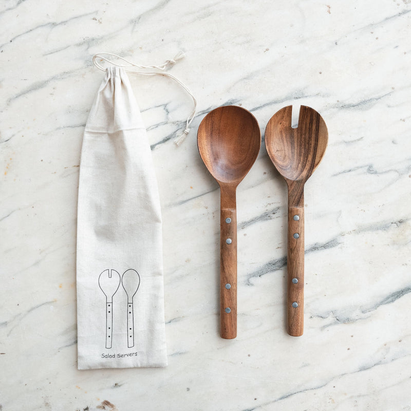 Creative Co-Op Rustic Charm Mango Wood Salad Server Set, Natural