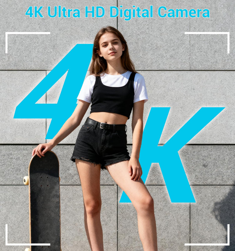 Digital Camera, FHD 4K 44MP Compact Cameras with 64GB SD Card 2 Batteries, 16X Autofocus Digital Zoom Point and Shoot Camera for Teens Kids Boys Girls