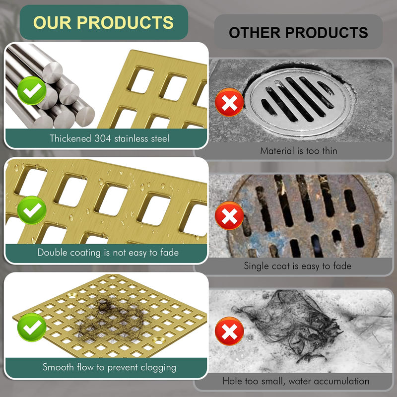 3-7/8" Brushed Gold Shower Drain Cover - Square Floor Drain Cover Replacement - Hair Catcher/Drain Strainer for Bathrooms, Showers, and Sinks - SUS304 Stainless Steel