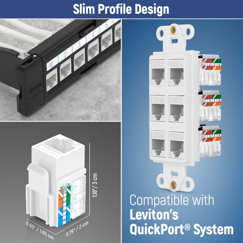 Everest 90° Angled Cat6 Keystone Jacks 50-Pack in White - Slim Profile Female RJ45 Connectors - RJ45 Keystone Jack - Ethernet Wall Jack - Cat 6 Keystone Jack - Cat 6 Wall Jack - Cat 6 Jack Quantity 50