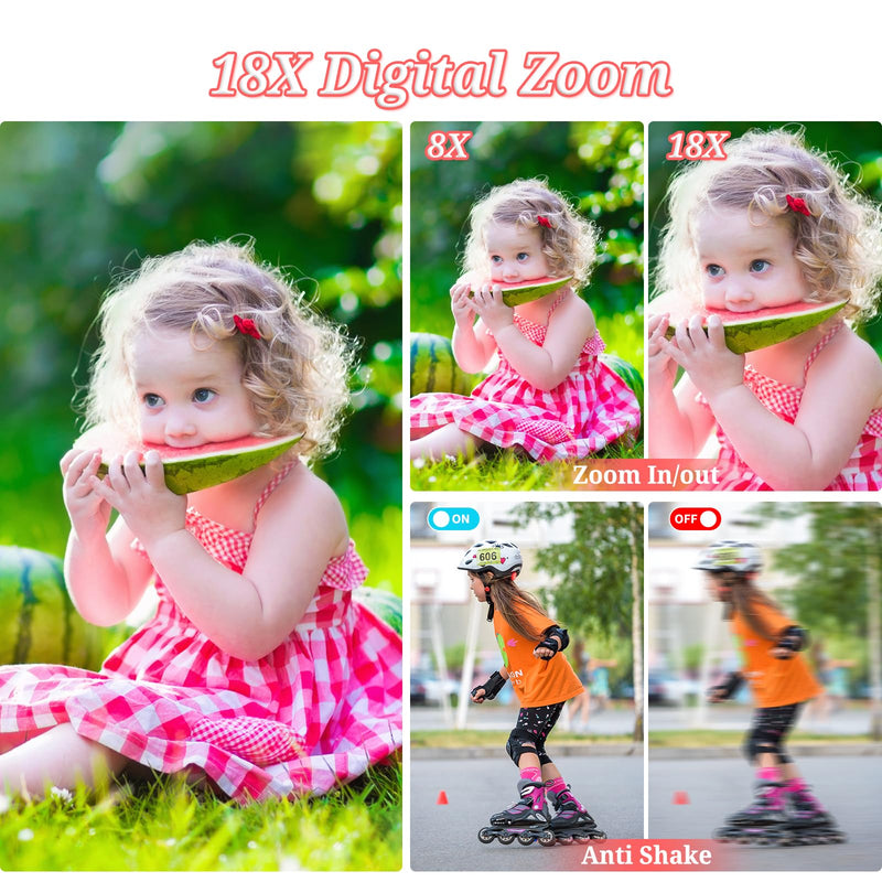 Digital Camera, FHD 4K 64MP Point and Shoot Kids Digital Camera with 64GB Card,18X Zoom, Anti Shake, Compact Small Cameras for Kids Gifts for Teens Girls Boys Pink-Enhanced version