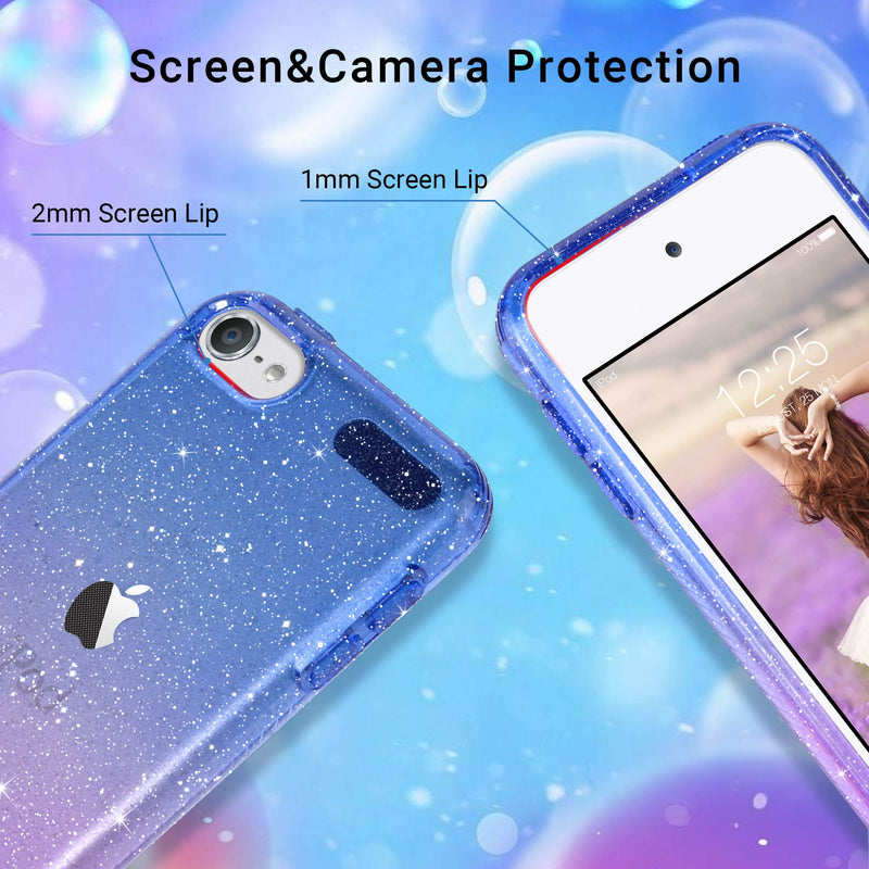 ULAK Clear Gradient Glitter Case for iPod Touch 7th/6th/5th Generation, Hybrid Slim Cute Case for Girls Women, Shockproof Anti-Scratch Soft TPU Bumper Cover for iPod Touch 7/6/5, Blue+Purple Purple