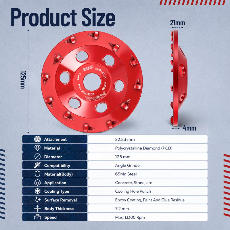 PCD Diamond Cup Wheel 125 mm, Diamond Cup Wheel with 12 Segments Grinding Wheel, Diamond Grinder for Concrete, Epoxy Resin Coatings, Paint Coatings, Angle Grinder Cup Wheel