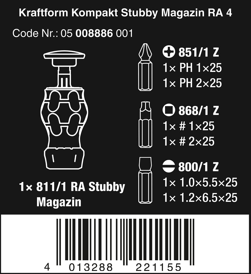 Wera 05008886001 Kraftform Kompakt Stubby magazine RA 4, Stubby Ratchet Screwdriver with Bit Magazine, 6 Pieces KK Stubby Magazin RA 4
