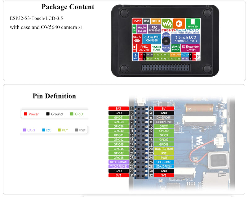 ESP32-S3 3.5inch Capacitive Touch Display Development Board, ESP32 with IPS LCD 320×480, 262K Color, Support W-Fi and BLE 5,Support AI Speech Interaction, Comes with Case and OV5640 Camera