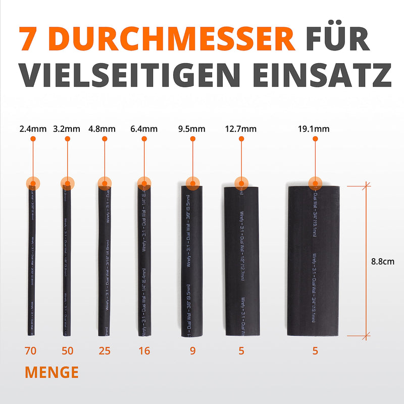 Wirefy Polymer, Heat Shrink Tube Set with Adhesive - 3:1 Shrink Ratio, Double-Walled Heat Shrink Tube Waterproof - Heat Shrink Tube Black - 180 Pieces