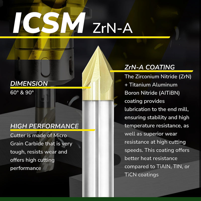 SPEED TIGER Chamfer End Mill - CNC Carving Bits, V Groove, 60 Degree, ICSM1/2 Diameter 3" OVL (1 Piece, 1/2" 60°) - for Wood, Alloy Steels, Hardened Steels – Mill Bits Sets for DIYers & Professionals 1/2" 60°