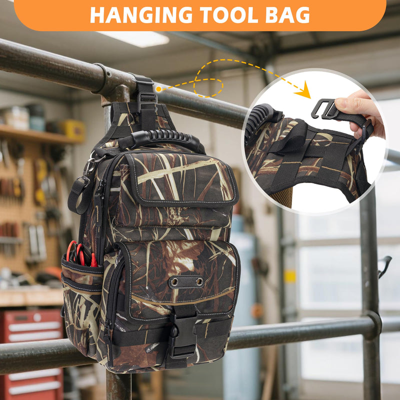 Electrician Tool Pouch Bag, Zippered HVAC Tool Organizer with Ergonomic Handle and Shoulder Strap for Maintenance Repair Technicians, Camouflage (Patent Pending)