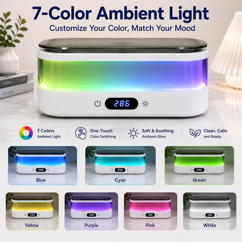 Ultrasonic Jewelry Cleaner Machine, 48kHz Cleaner for Jewelry, Glasses, Rings, Watch Bands, Dentures and Retainers, 350ML SUS304 Tank, Digital Countdown, Auto Shut-Off, 7-Color LED Light White