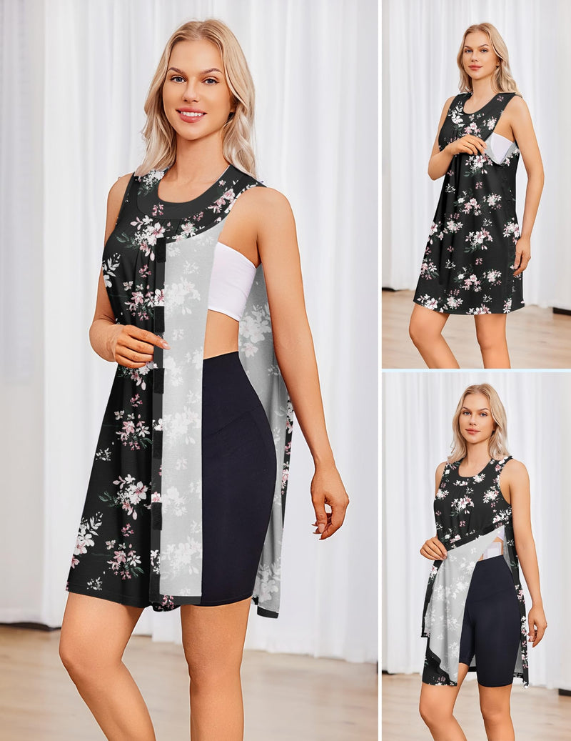 Deyeek Women's Post Shoulder Surgery Dress Tear Away Sleeveless Dress Side Full Open Chemo Port Adaptive Nightgown Black Print X-Large