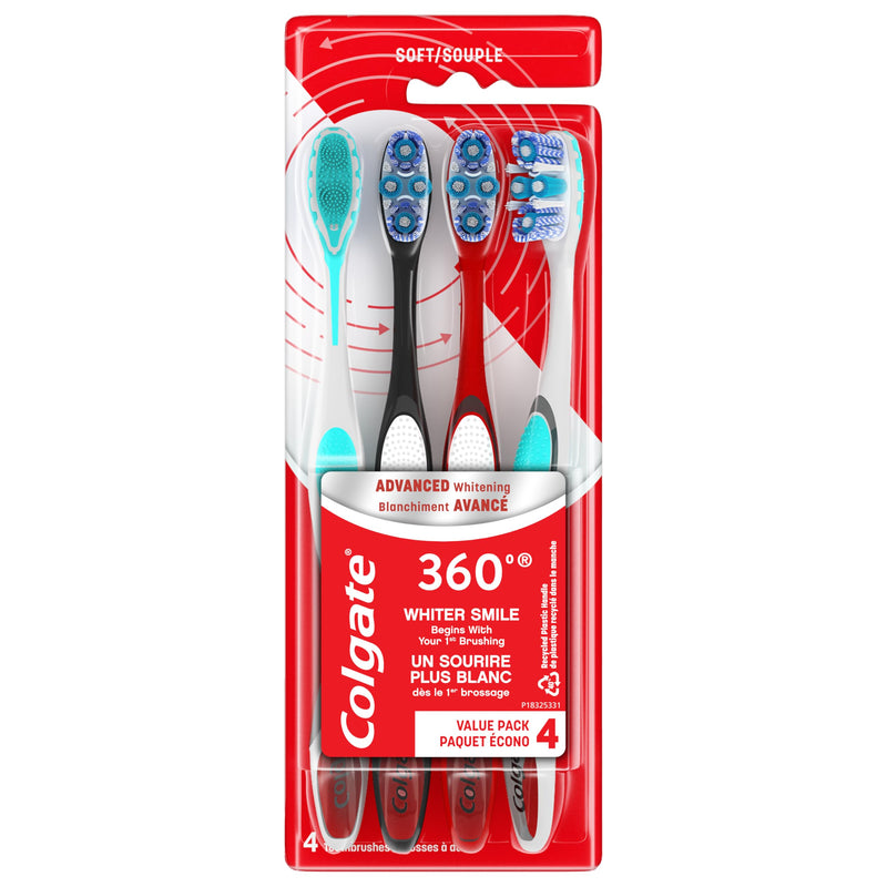 Colgate 360 Advanced Whitening Soft Toothbrush Pack, 4 Adult Soft Toothbrushes with Cheek and Tongue Cleaner, Helps Clean Your Teeth, Tongue, Cheeks, & Gums, 4 - Pack (Pack of 2) 1 Count (Pack of 8)