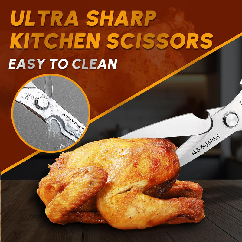 HUUSK Kitchen Scissors Set Silver - Stainless Steel Kitchen Shear, Sharp Meat Scissors Dishwasher Safe, Heavy Duty Poultry Shears, Japanese Cooking Scissor for Food, Chicken Bones, and Turkey
