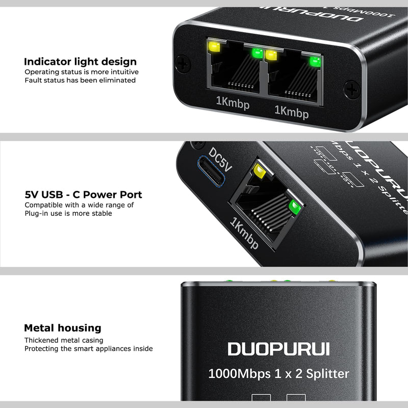 Ethernet Splitter 1 to 2,1000Mbps High Speed Network Splitter,LAN Splitter 2 Port with USB Power Cable,for Cat 5/5e/6/7/8 Cable [2 Devices Simultaneous Networking] (Ethernet Splitter 1 to 2) Ethernet Splitter 1 to 2