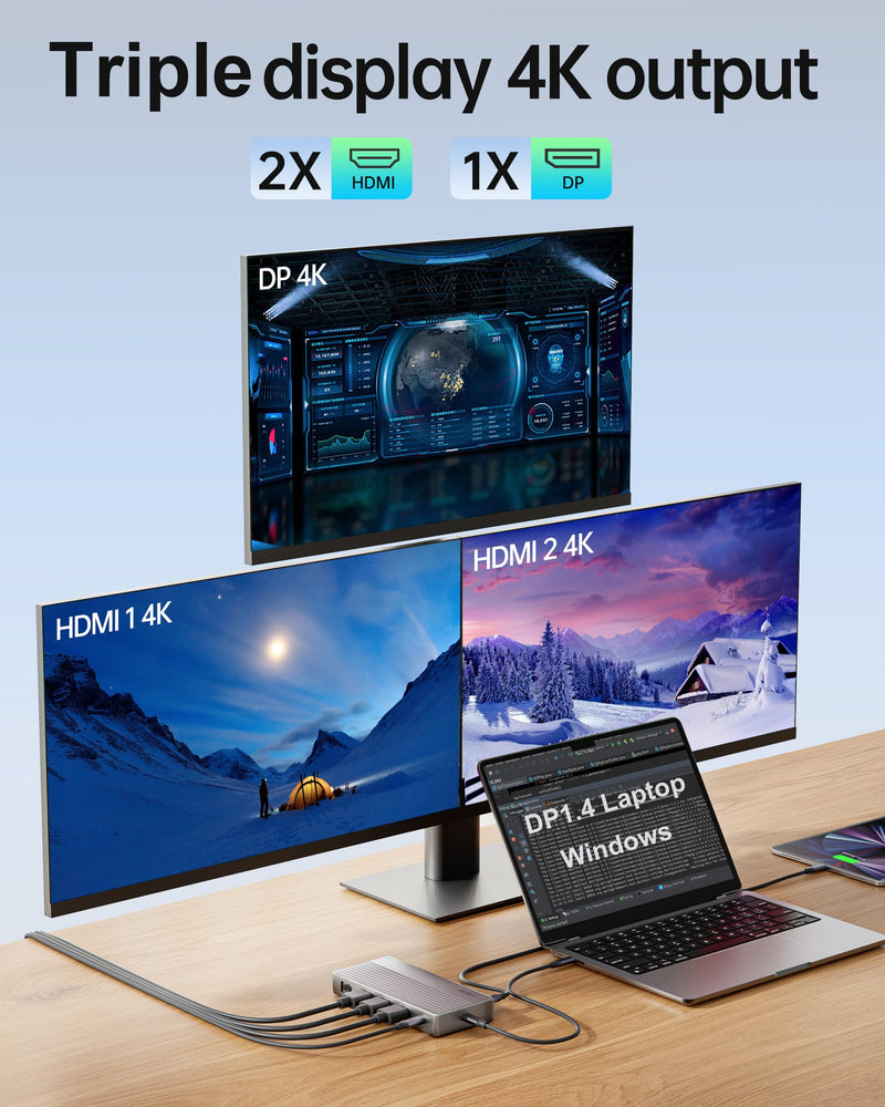 Laptop Docking Station,USB C Dock(11-in-1)with Support 4K Triple Displays,4K Dual HDMI,Single 8K DP,100W PD,4USB,Ethernet,SD Card Reader,Dual Monitor Laptop Dock Compatible with MacBook Dell/HP/Lenovo 2HDMI(4K)&DP(8k)