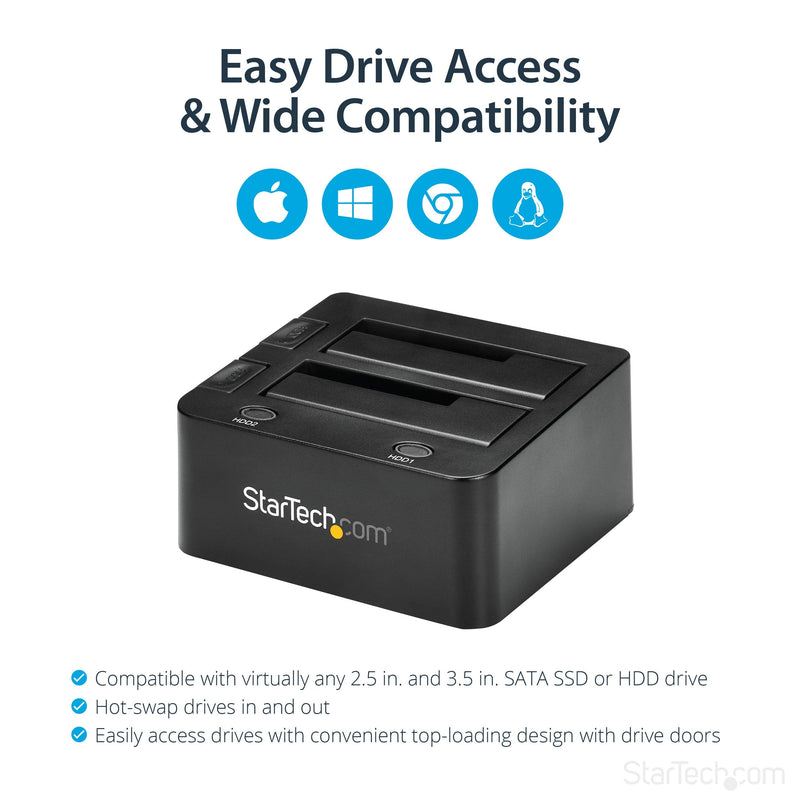 StarTech.com Dual-Bay USB 3.0 To SATA Hard Drive Docking Station, USB Hard Drive Dock, External 2.5/3.5" SATA I/II/III, SSD/HDD Docking Station, Hot-Swap Hard Drive Bay, Top-Loading (SDOCK2U33),Black