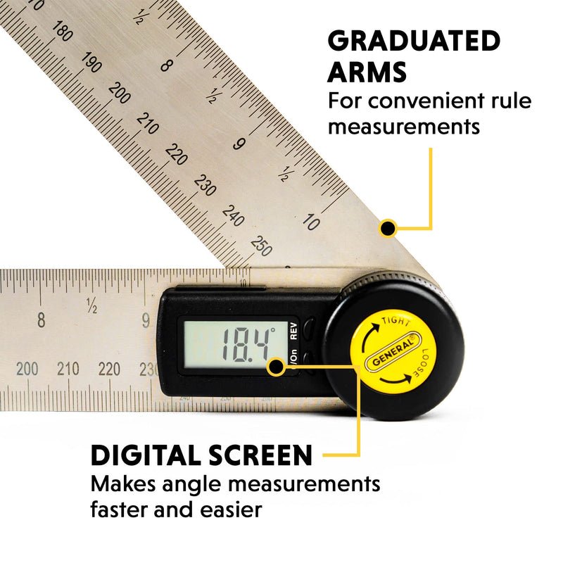 General Tools Digital Angle Finder Ruler #823 - 10" H - Stainless Steel Measurement Tool 10-Inch